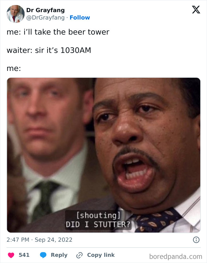 A funny meme of a man shouting "Did I stutter?" shows humorous intensity like a dumpster fire.