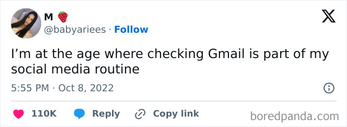 Tweet about being an adult: checking Gmail as part of a social media routine.