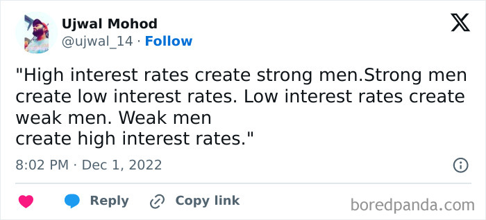 A humorous investment meme on interest rates, shared by Ujwal Mohod on a social media platform.
