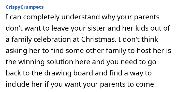 Text exchange about parents wanting sister and her kids included in Christmas celebration. Text exchange about parents wanting sister and her kids included in Christmas celebration.