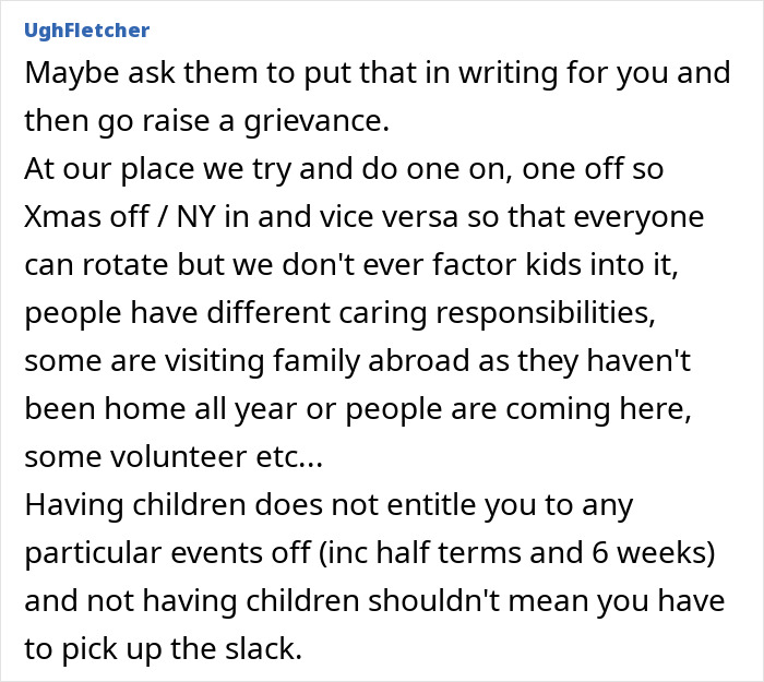 Text highlights workplace discrimination complaint about covering shifts for colleagues with kids on Christmas.