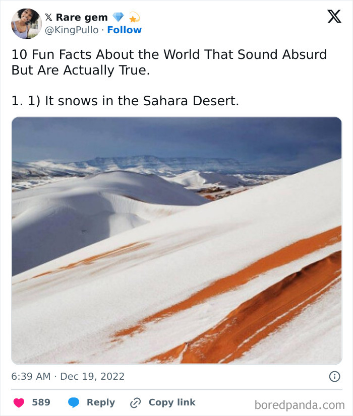 Snow covers red sand dunes in the Sahara Desert, showcasing rare facts about places and everyday things.