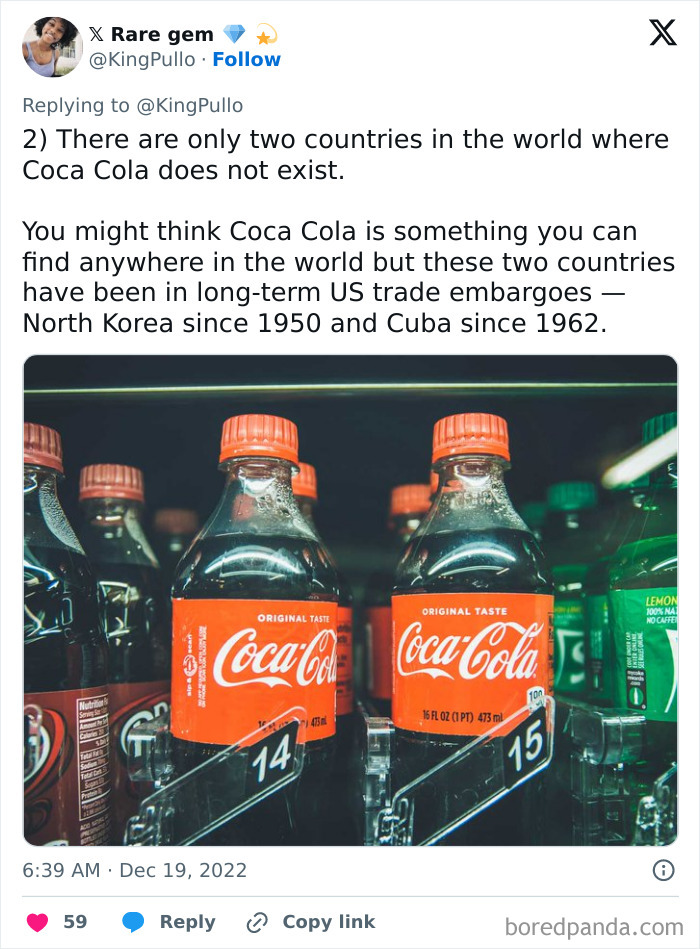 Two Coca Cola bottles on a store shelf highlighting rare facts about places where Coca Cola does not exist.