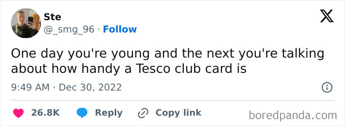 Tweet showcasing British humor about aging and the usefulness of a Tesco club card, posted by Ste.