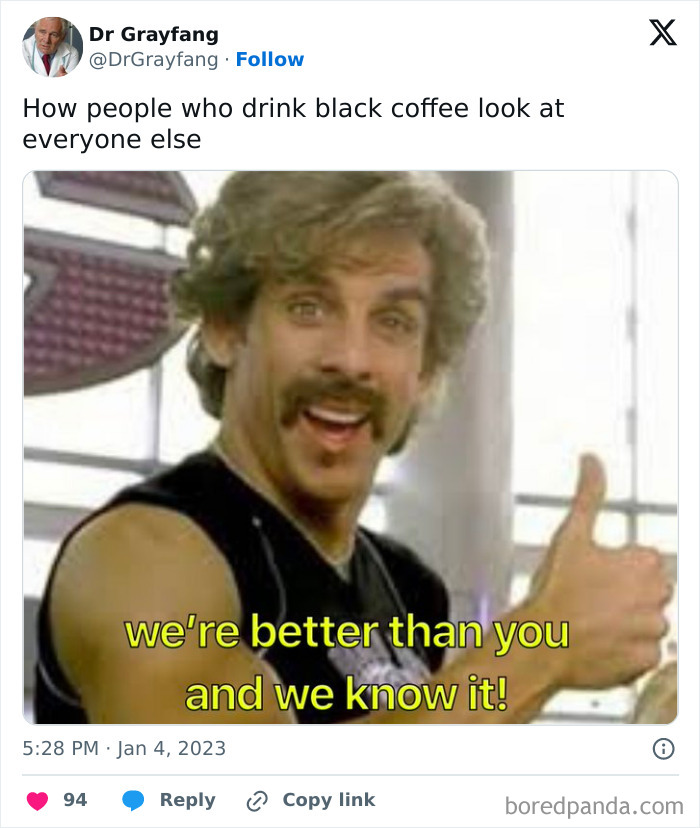 Meme of a man with a mustache giving a thumbs-up, joking about black coffee drinkers.