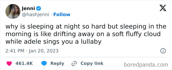 Sarcastic post about difficulty sleeping at night but easily falling asleep in the morning, resonating with many on social media.