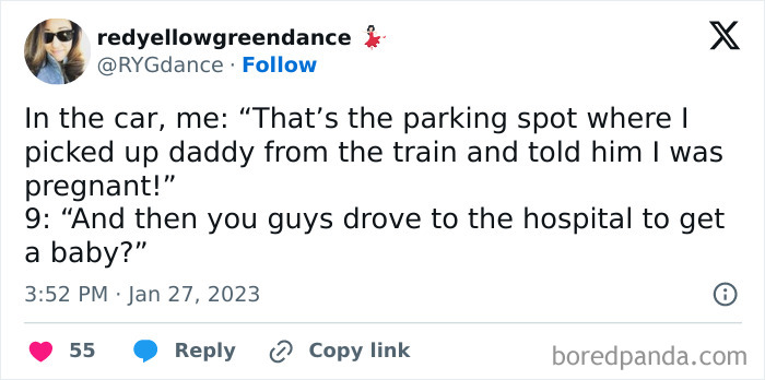 Tweet about explaining where babies come from with a funny twist.