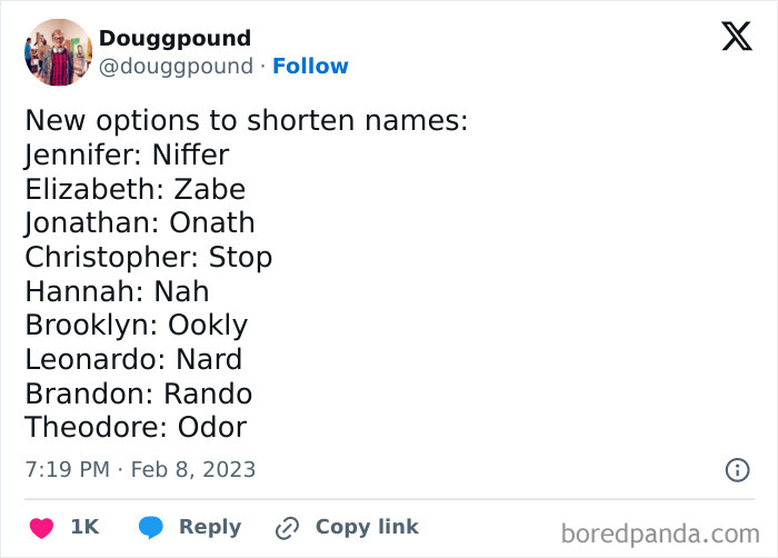 Funny meme suggesting humorous name shortenings, featuring creative and playful nickname ideas.