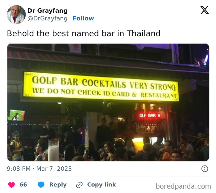 Funny meme of a bar with a humorous sign in Thailand, attracting attention with its unusual name and message.