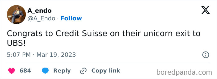 Investment meme referencing Credit Suisse and UBS unicorn exit.