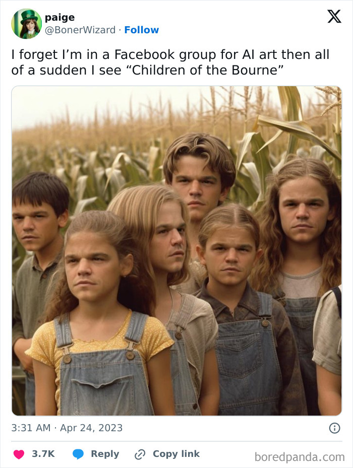 AI-generated meme with children in overalls, resembling a movie poster, showcasing humorous and chaotic expressions.