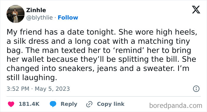 Hilarious meme about a woman's outfit change after a text about splitting the bill, shared on Instagram.