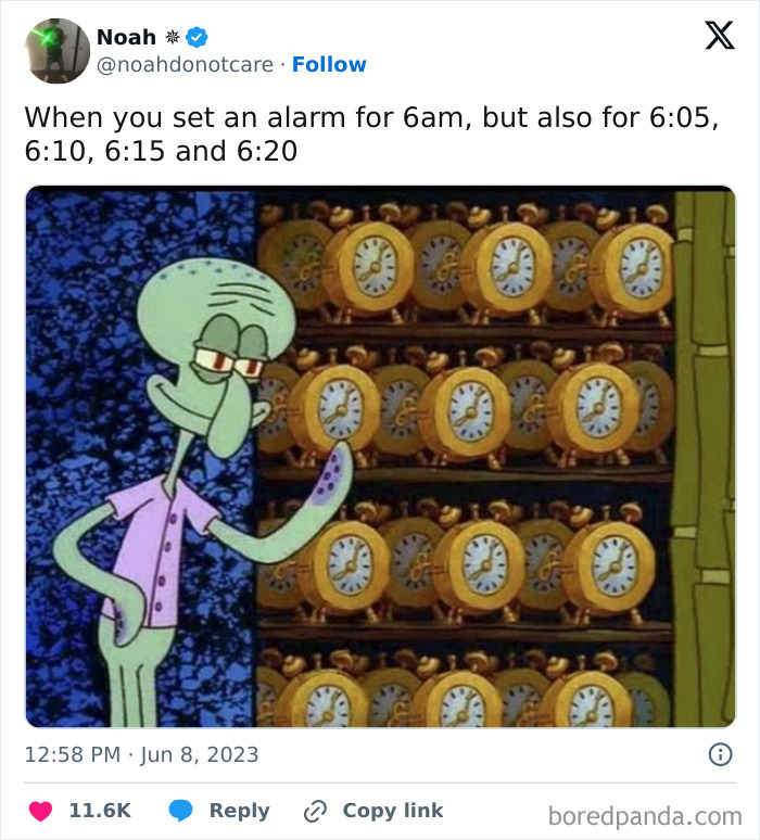 Cartoon character beside a wall of alarm clocks, humorously illustrating a struggle with setting multiple alarms.