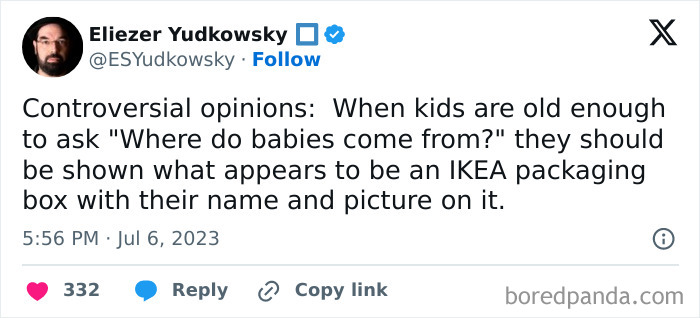 Tweet with a humorous take on where babies come from, suggesting an IKEA box with a child's photo and name.