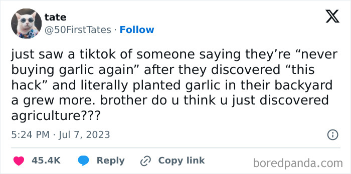 Funny and relatable meme about discovering garlic planting as agriculture.