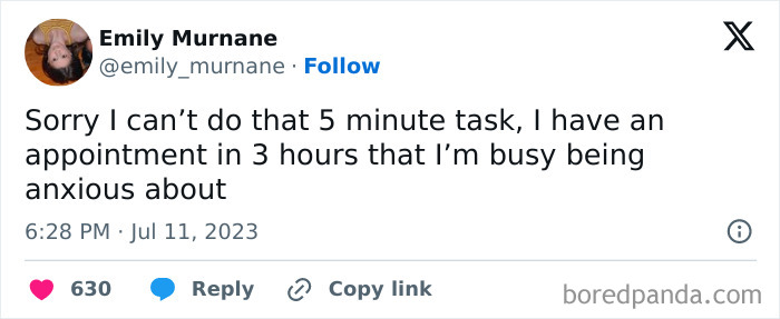 Relatable meme about anxiety and procrastination before an appointment.