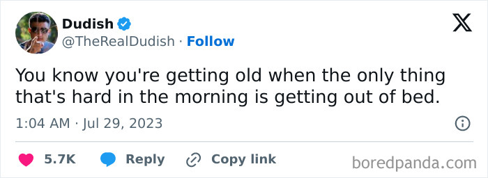 Tweet about adulting humor, mentioning the struggle of getting out of bed in the morning.