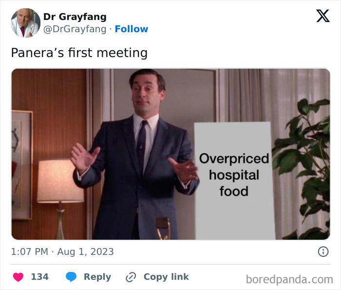 Man presenting chart labeled "Overpriced hospital food" in a funny meme.