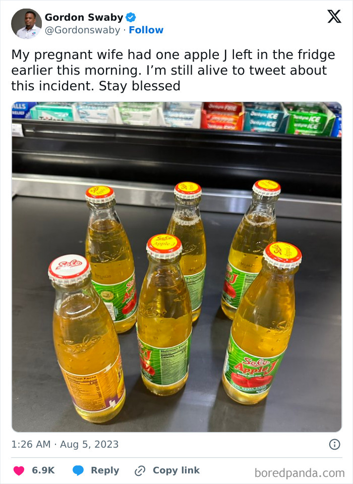 Bottles of Solo Apple J on a counter, related to funny pregnancy situations and cravings.