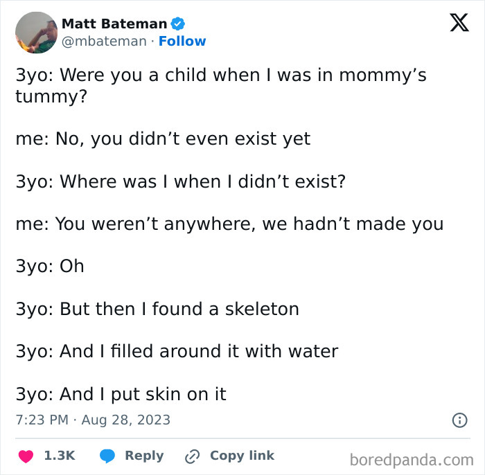 Funny tweet about where babies come from, featuring a humorous conversation with a child.