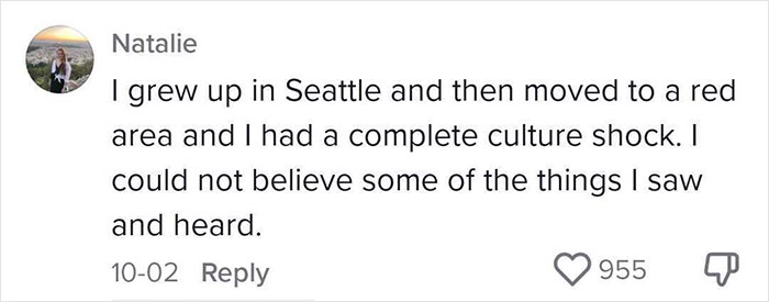 Natalie's viral comment on culture shock after moving from Seattle to a red area, with 955 likes.