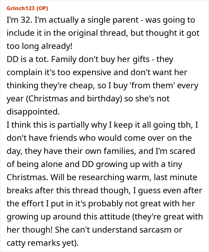 Text describing a single parent's struggle with relatives not buying gifts for her daughter due to financial issues.