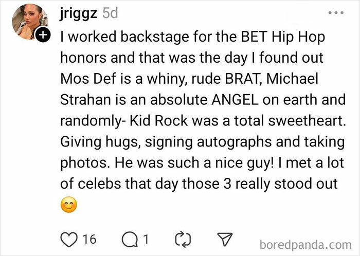 Backstage experience at BET Hip Hop honors revealing nice Hollywood celebrities like Michael Strahan and Kid Rock.