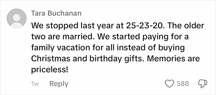 Comment about choosing family vacations over gifts for kids.