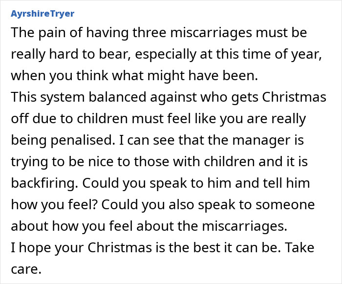Text from user discussing workplace discrimination about covering shifts on Christmas.