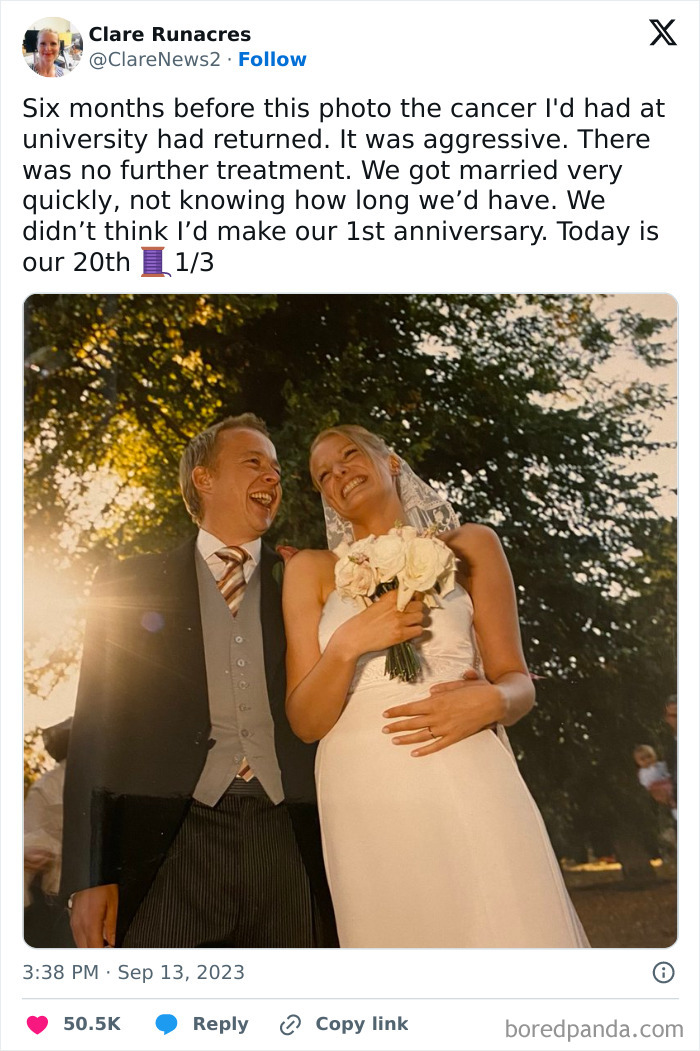 Happy couple on their wedding day, smiling and embracing in a sunlit garden, symbolizing uplifting stories of love and resilience.