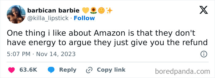 Sarcasm Only post about Amazon's refund policy, highlighting their lack of argument and quick refunds.