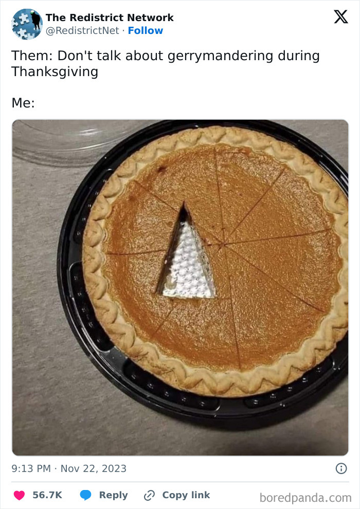 Thanksgiving pie humorously sliced to resemble gerrymandering.