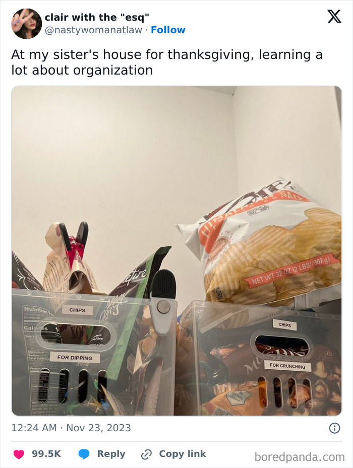 Organized Thanksgiving snacks in labeled bins, a funny Thanksgiving tweet moment.