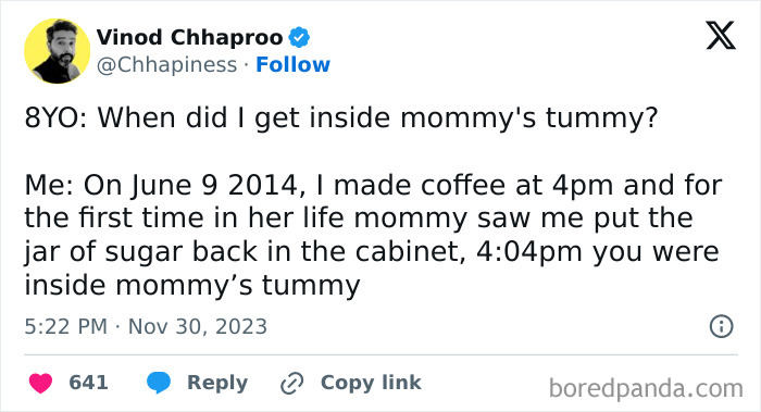 A funny tweet about a child's question on where babies come from with a humorous response about household habits.