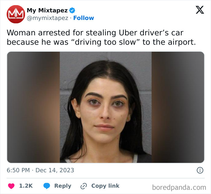 Meme of a woman arrested for taking an Uber car, caption highlights her frustration with slow driving.