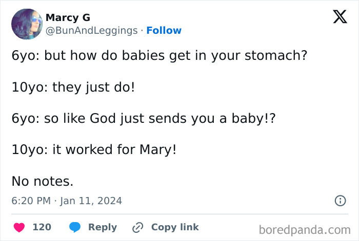 Text exchange between a 6-year-old and a 10-year-old about where babies come from, ending with a biblical reference.