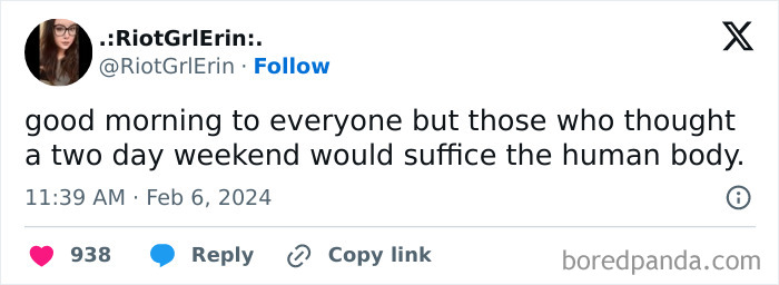 Relatable meme about needing longer weekends shared by RiotGrlErin, with humor on staying sane.