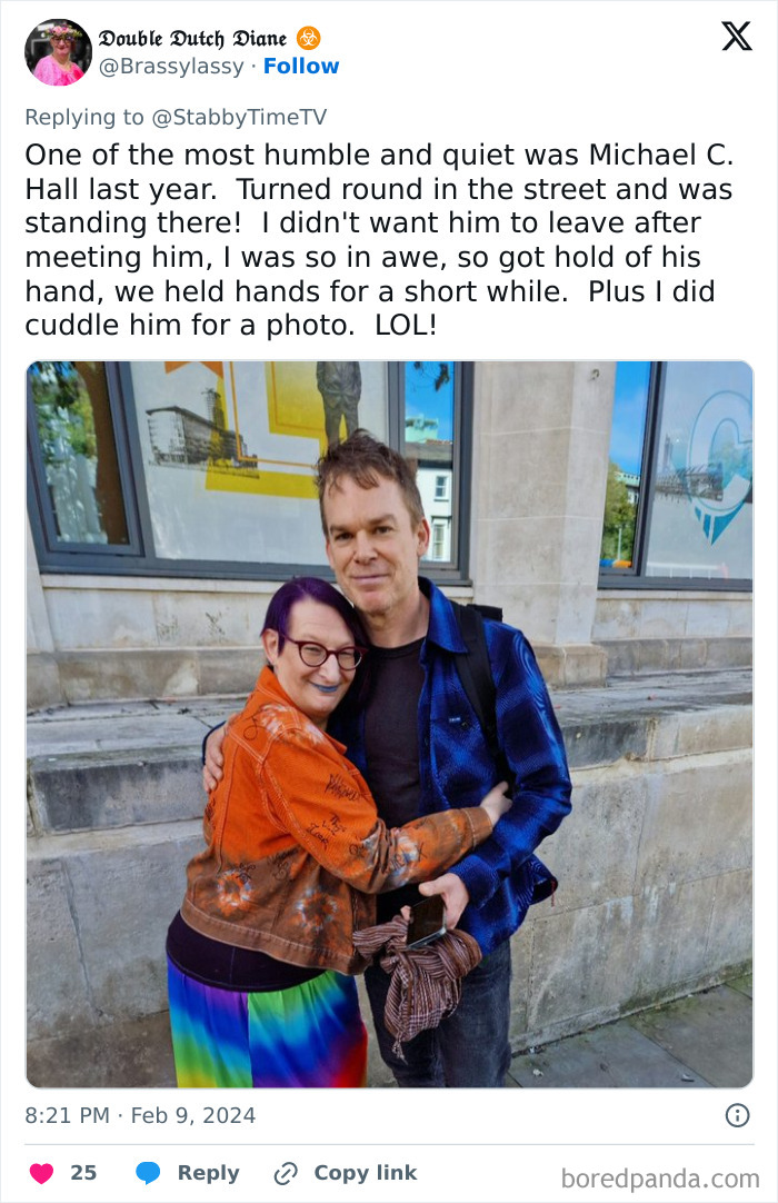 Nicest Hollywood celebrities encounter, woman posing for a photo while hugging a man outdoors.