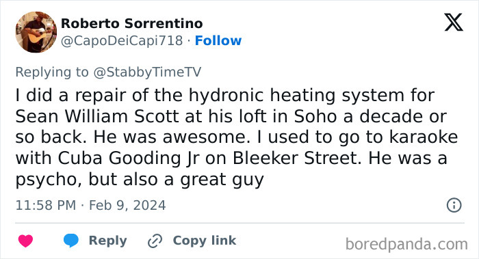 Tweet about a repair job for a Hollywood celebrity and karaoke with Cuba Gooding Jr., describing them as nice celebrities.