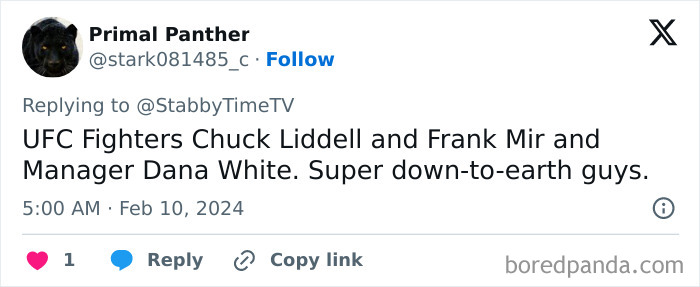 Tweet praising UFC fighters Chuck Liddell, Frank Mir, and manager Dana White as nice celebrities.
