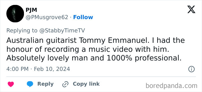 A tweet praising Hollywood celebrity Tommy Emmanuel for his professionalism and kindness.
