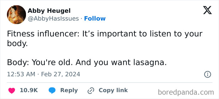 Tweet humorously contrasts fitness advice with a craving for lasagna, highlighting spot-on funny tweets.
