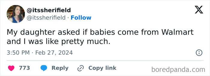 Tweet humorously suggesting babies come from Walmart, with 773 likes.