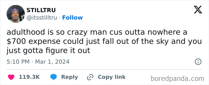 Tweet about being an adult, humorously discussing unexpected $700 expenses.