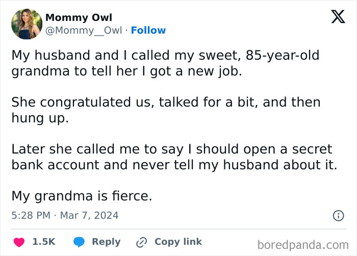 Text exchange humorously showcasing grandmother's fierce advice on financial independence.