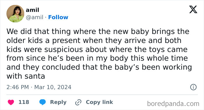 Tweet about where babies come from with a humorous twist involving kids, toys, and Santa.
