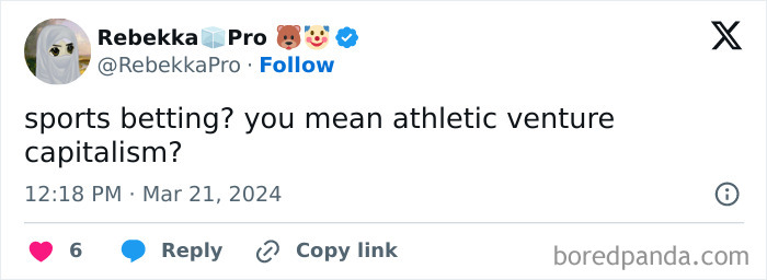 Tweet reads: "Sports betting? You mean athletic venture capitalism?" from "Overheard On Wall Street" investment memes.