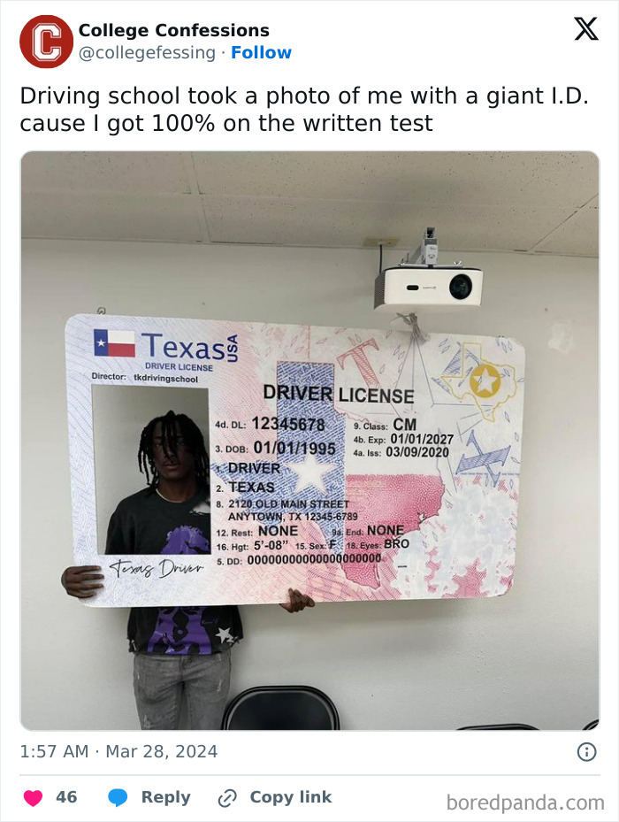 Person holding a giant novelty Texas driver's license as a humorous meme.