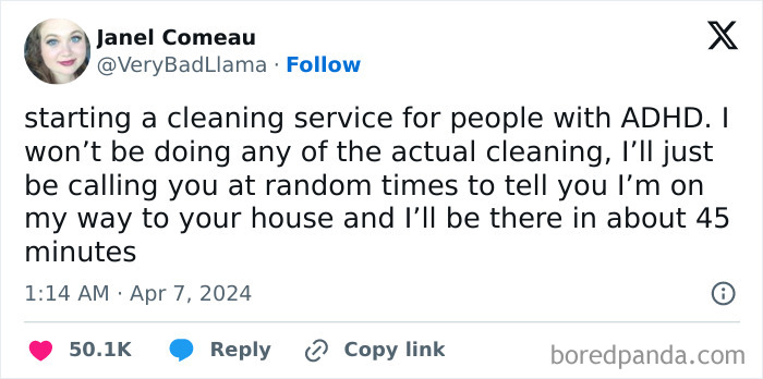 Tweet about a humorous cleaning service concept for those with ADHD, offering relatable mental health humor.