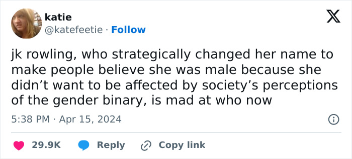 Tweet reacting to JK Rowling's response to a New York Times article, questioning her name change motives.